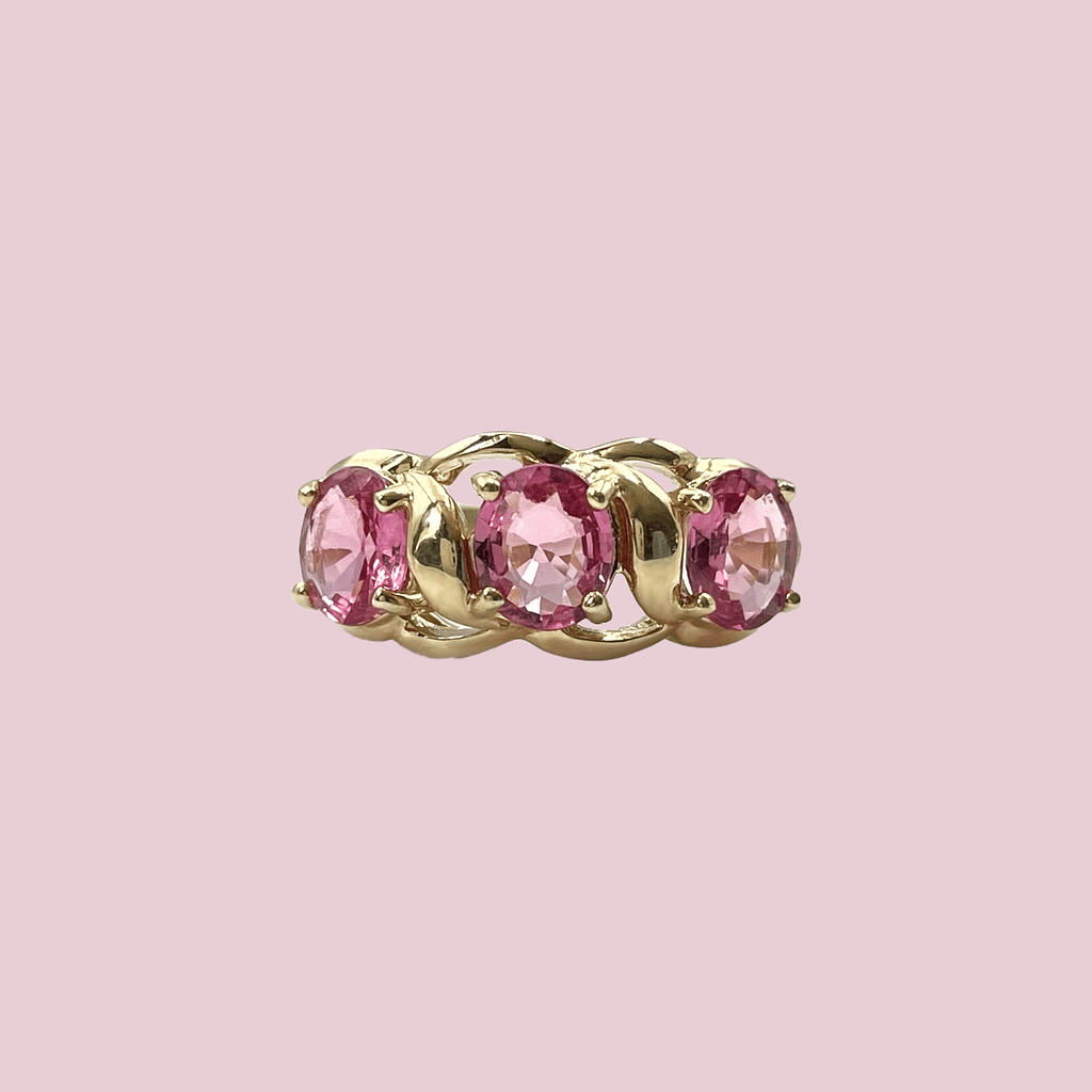 vintage gouden trilogie ring met roze saffier