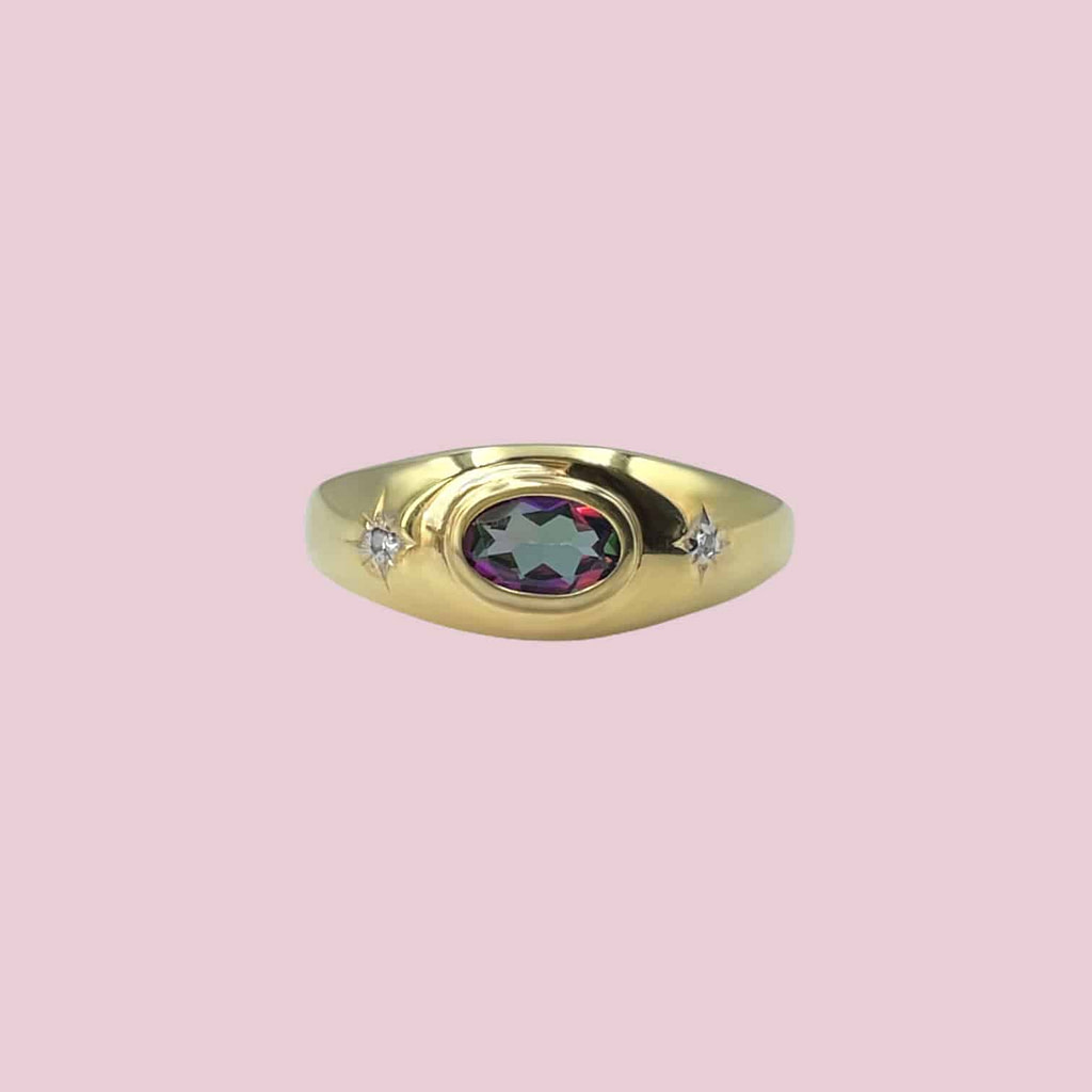 Gouden gypsy ring met mystic topaz en diamant