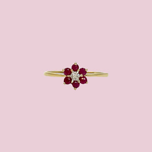 vintage cluster ring robijn en diamantje bloem goud