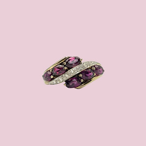 vintage ring rhodoliet roze steen en diamant 9k goud
