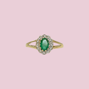 vintage ring smaragd en diamant cluster entourage ring goud