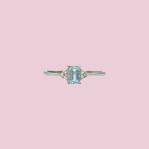 vintage ring aquamarijn witgoud baguette rechthoekig met diamant