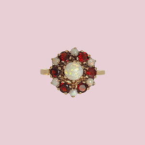 vintage granaat en opaal bloem ring