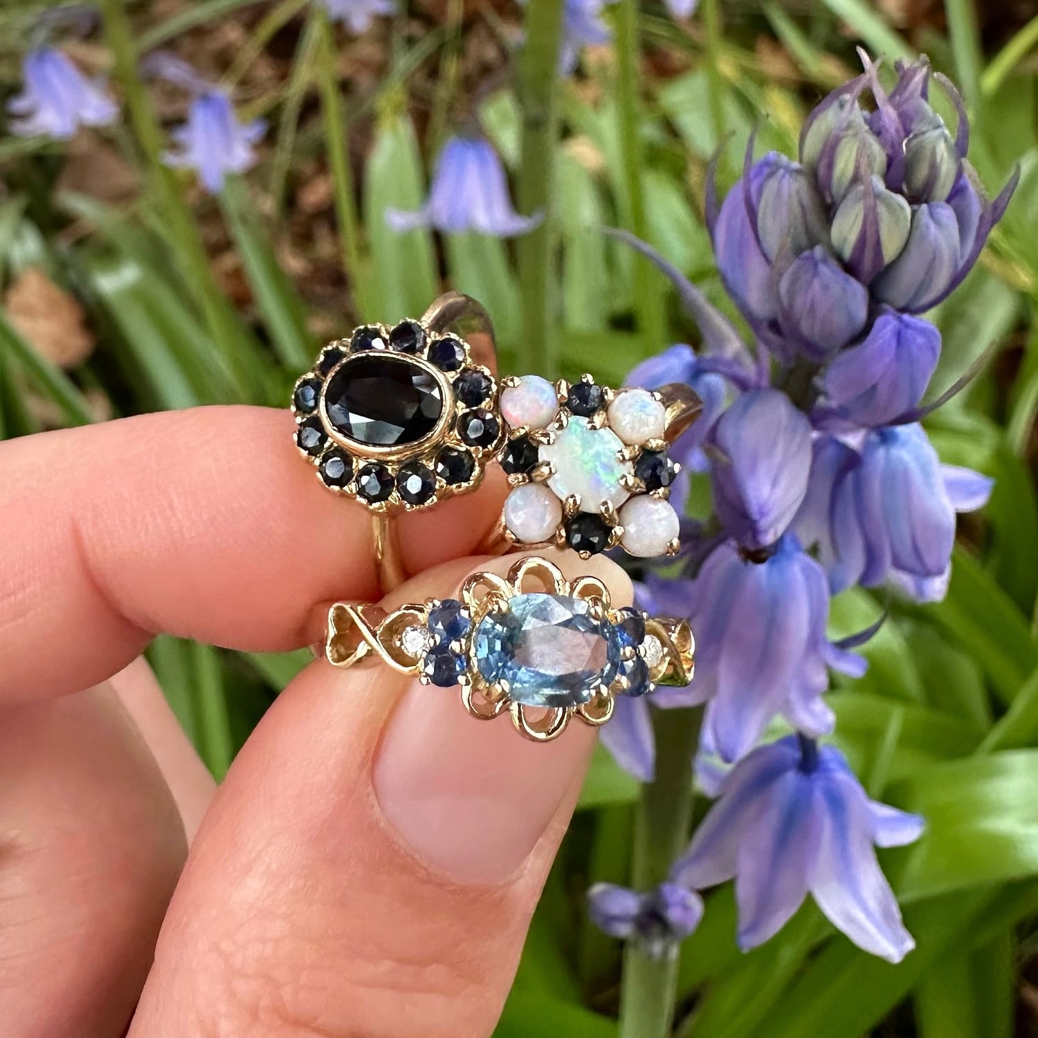 vintage cluster ringen met saffier opaal en diamant