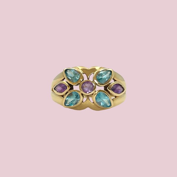 vintage ring topaas en amethist bloem 9k goud