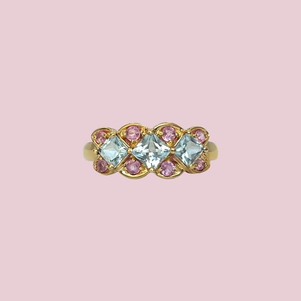 vintage gouden cocktail ring roze en blauw