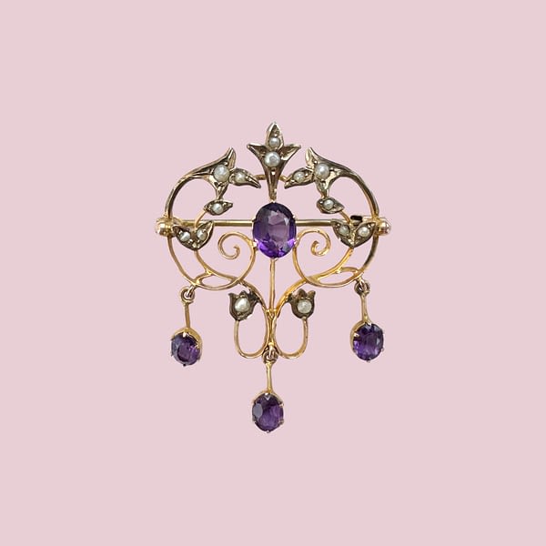 antieke_broche_amethist_zaadparels_9_karaat_goud antieke broche amethist en zaadparels 9 karaat goud