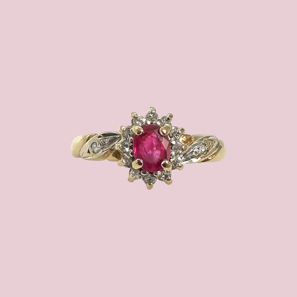 vintage ring roze robijn en diamant entourage