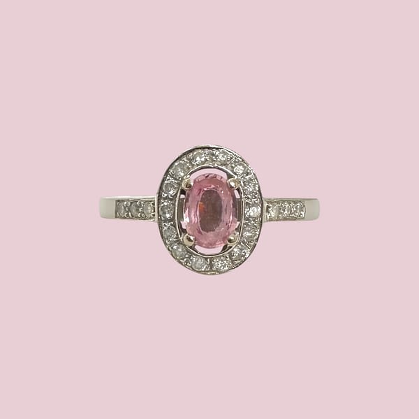 vintage ring witgoud met roze saffier en diamant cluster