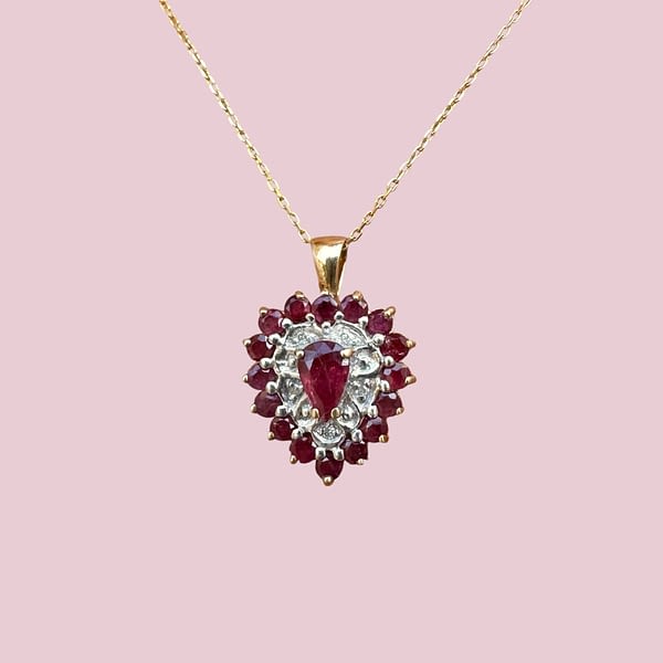 vintage ketting robijn en diamant hart cluster