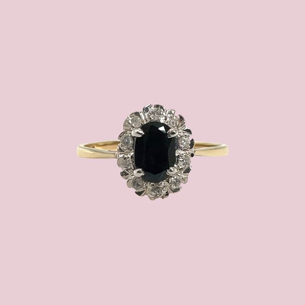 vintage ring met saffier en diamant cluster