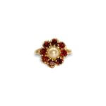 vintage ring parel en granaat bloem 9 karaat goud
