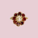 vintage ring parel en granaat bloem 9k goud