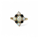 vintage cluster ring opaal en saffier van 9k goud