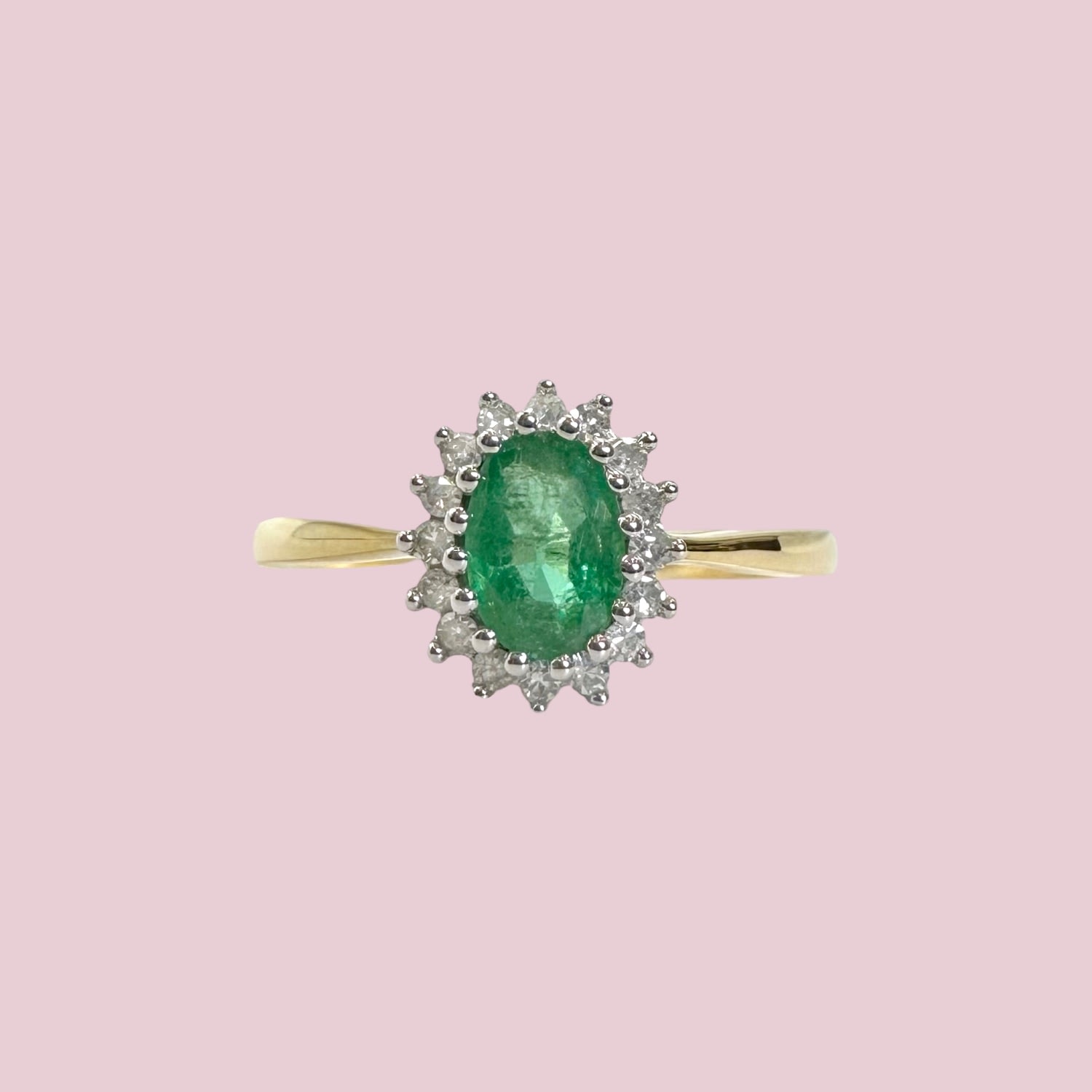 cluster ring smaragd en diamant 9k goud