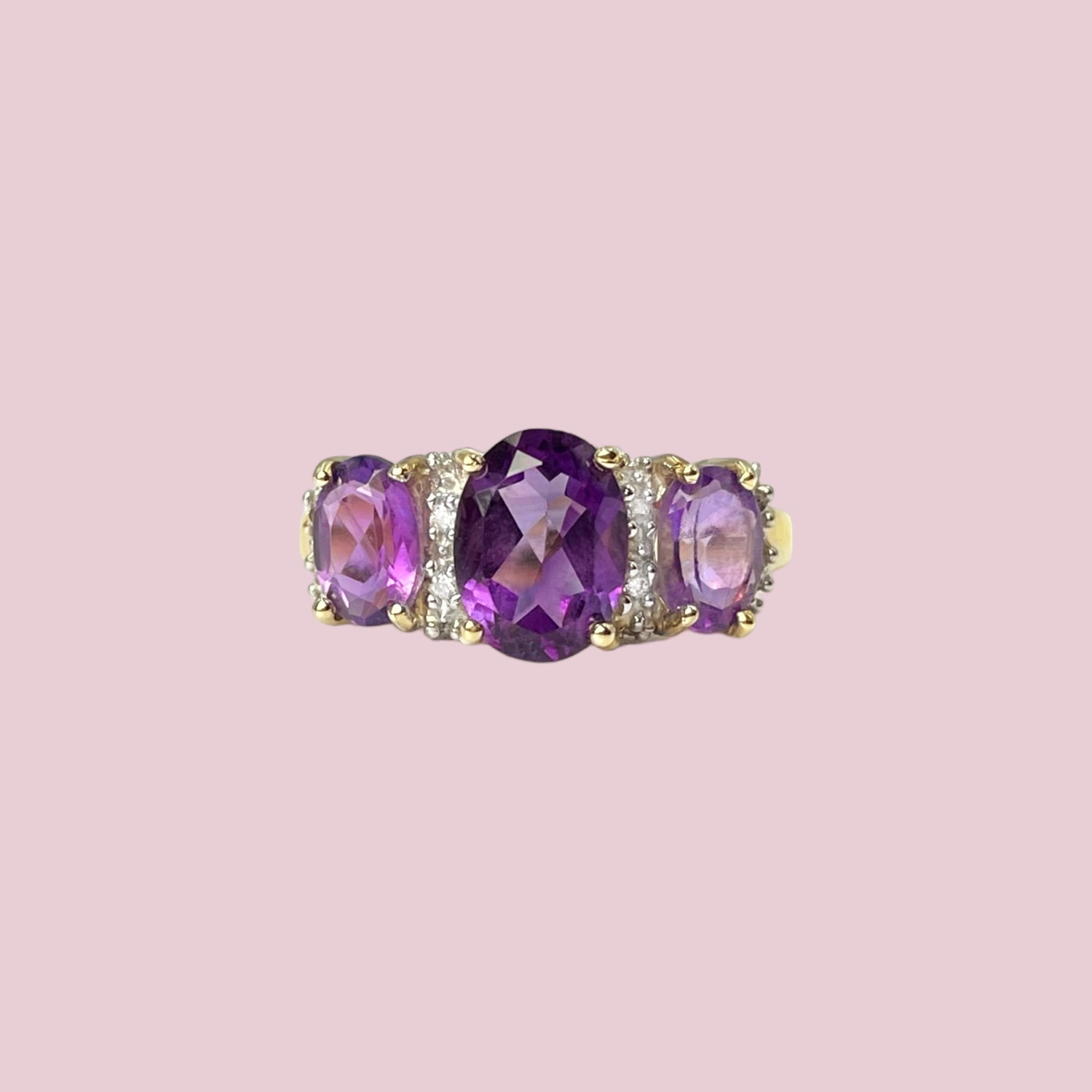 gouden amethist trilogie ring diamant 10k