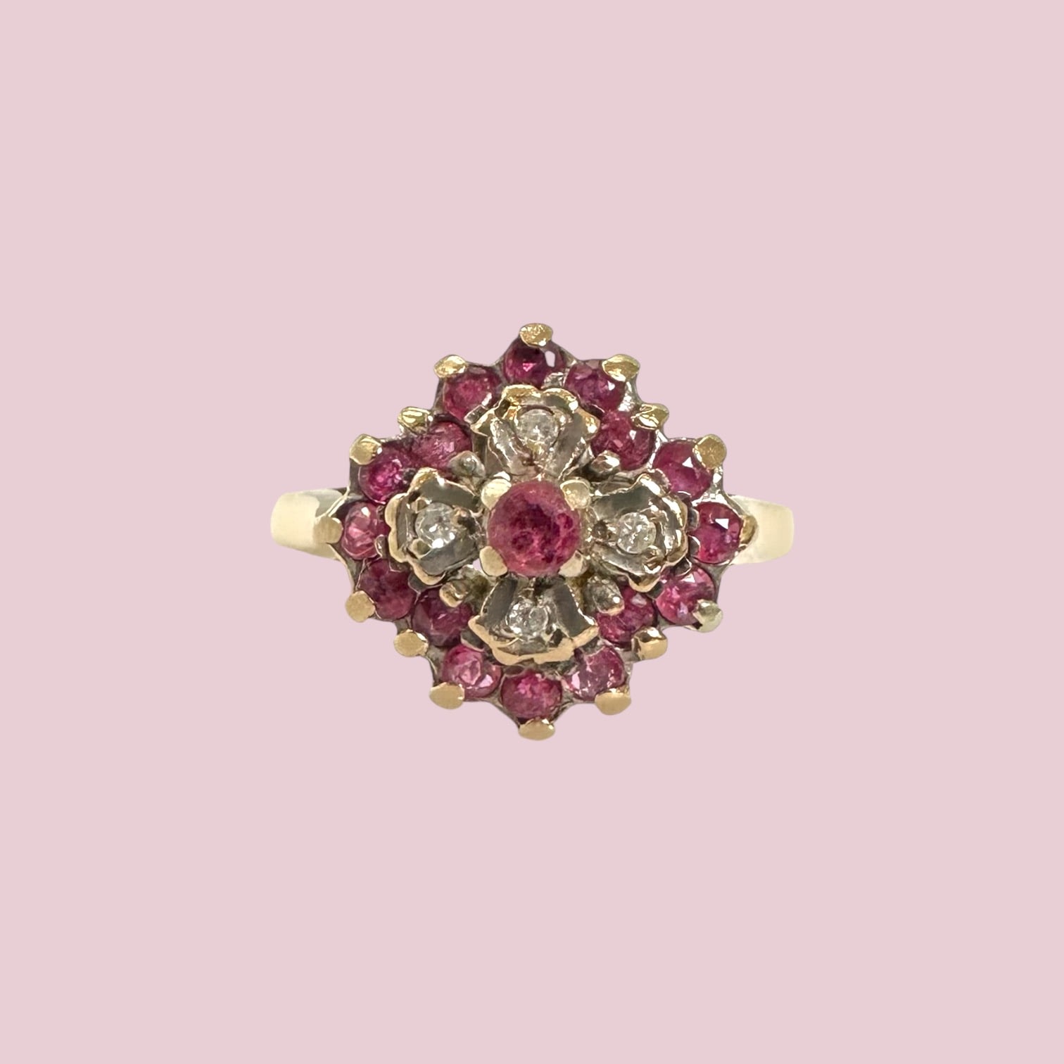 vintage gouden ring robijn en diamant bloem cluster 9 karaat