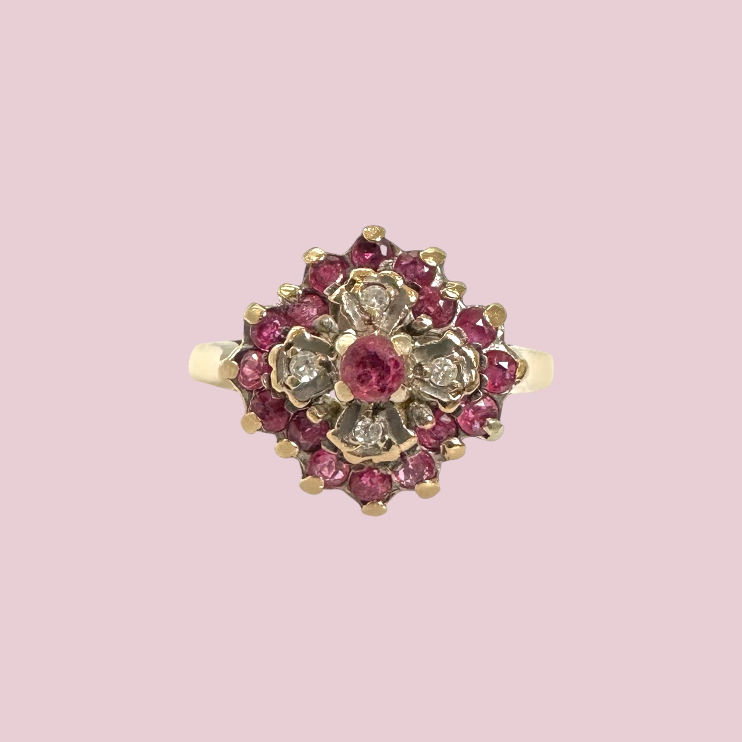 vintage gouden ring robijn en diamant bloem cluster 9 karaat