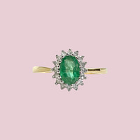 cluster ring smaragd en diamant 9k goud