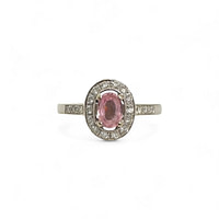 vintage ring witgoud met roze saffier en diamant halo