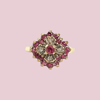 vintage gouden ring robijn en diamant bloem cluster 9 karaat