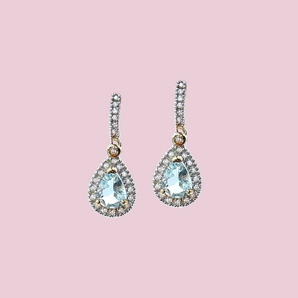 vintage oorbellen aquamarijn en diamant goud 10 karaat