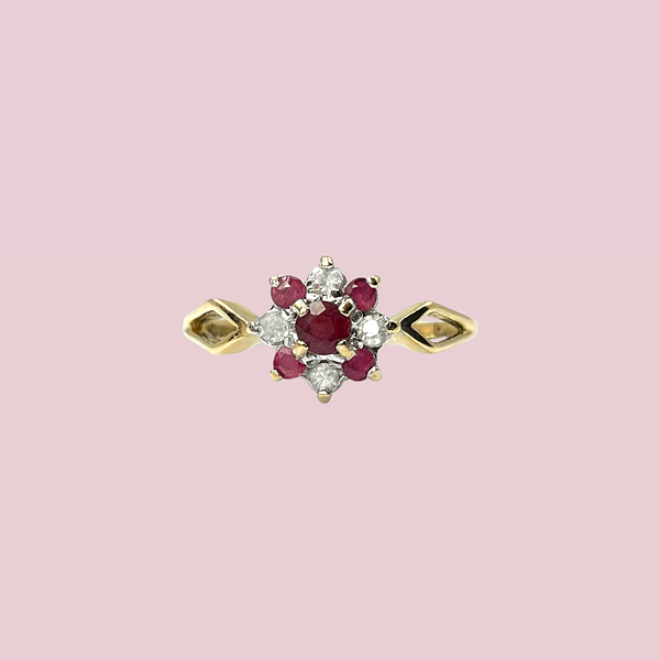 vintage ring robijn en diamant cluster 9k goud