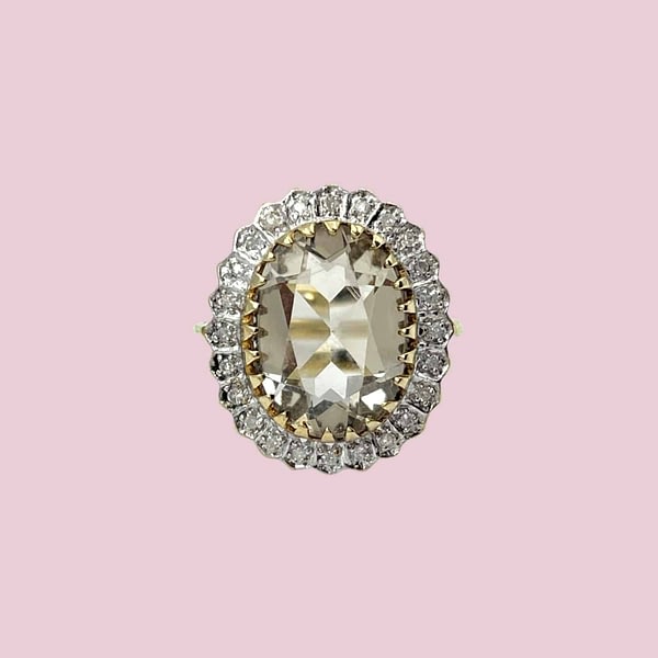 vintage grote cluster ring diamant en limoenkwarts