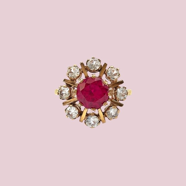 vintage ring robijn en zirkonia cluster