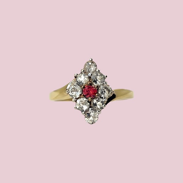 vintage ring granaat en kwarts cluster goud