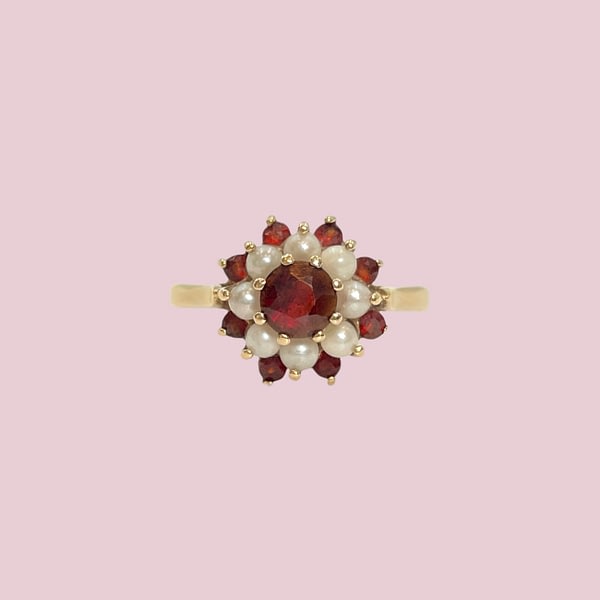 vintage granaat en parel ring cluster goud