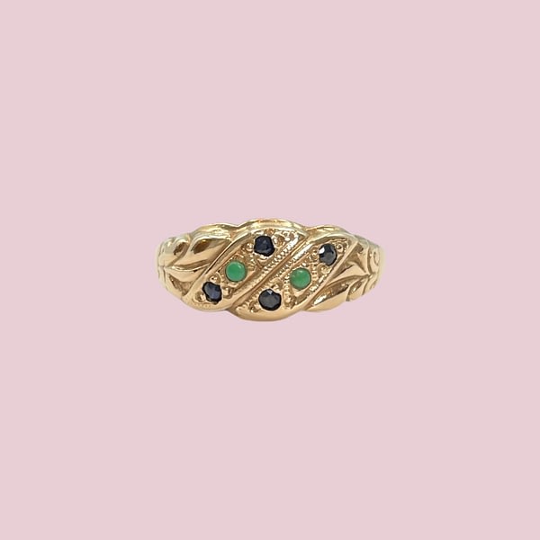 vintage gouden ring saffier en jade gedraaid