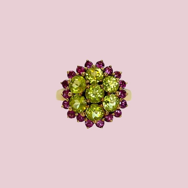 vintage ring groene toermalijn en roze toermalijn