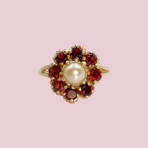 vintage ring parel en granaat bloem 9k goud