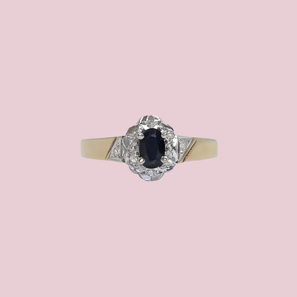 vintage ring met saffier en diamant cluster 9k goud