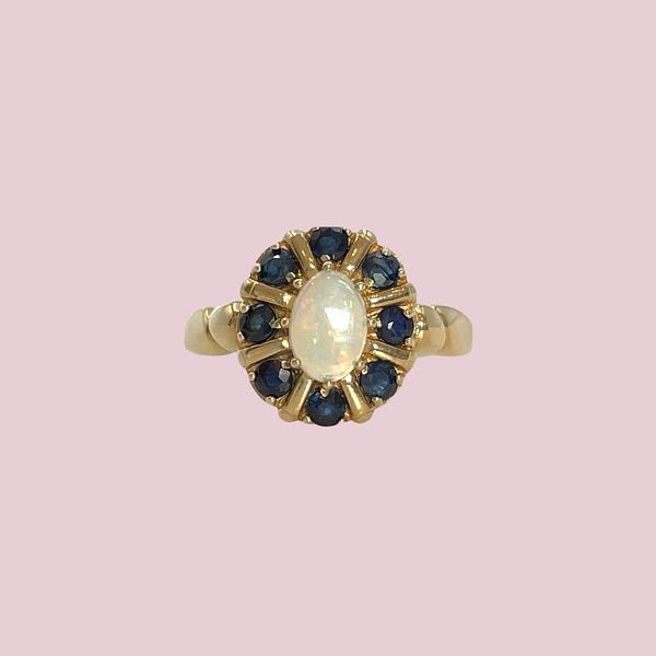 vintage gouden ring saffier entourage met opaal vintage