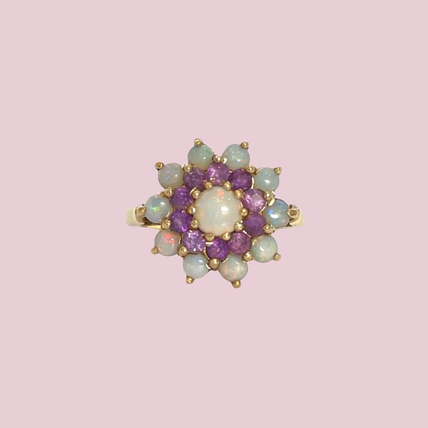 vintage ring met bloem van amethist en opaal
