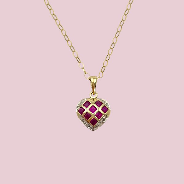 vintage ketting hanger hartje robijn en diamant