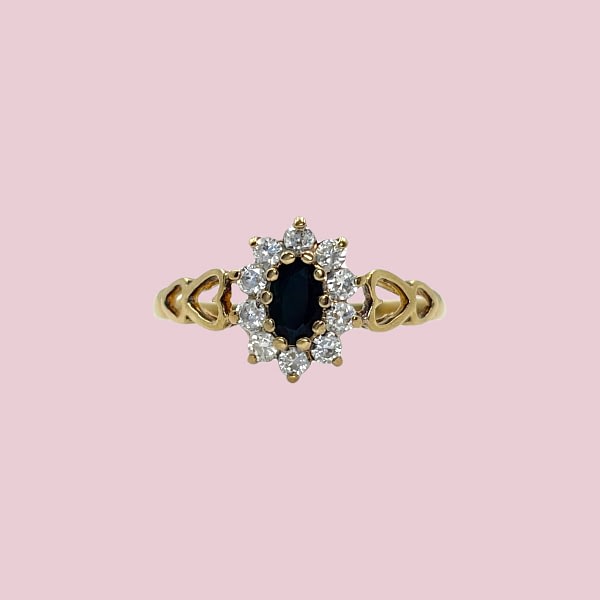 vintage ring saffier en cz cluster hartjes