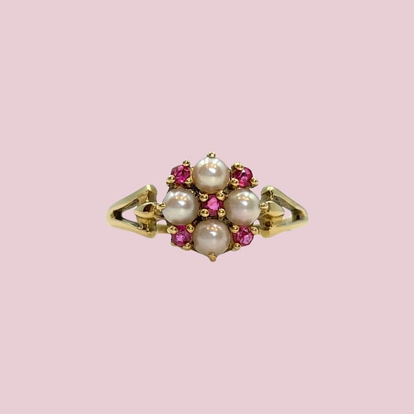 vintage ring parel en robijn cluster