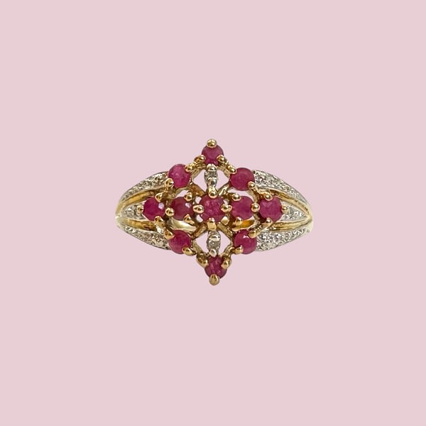 vintage ring robijn en diamant cluster