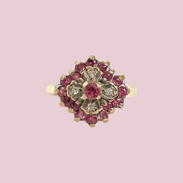 vintage gouden ring robijn en diamant bloem cluster 9 karaat