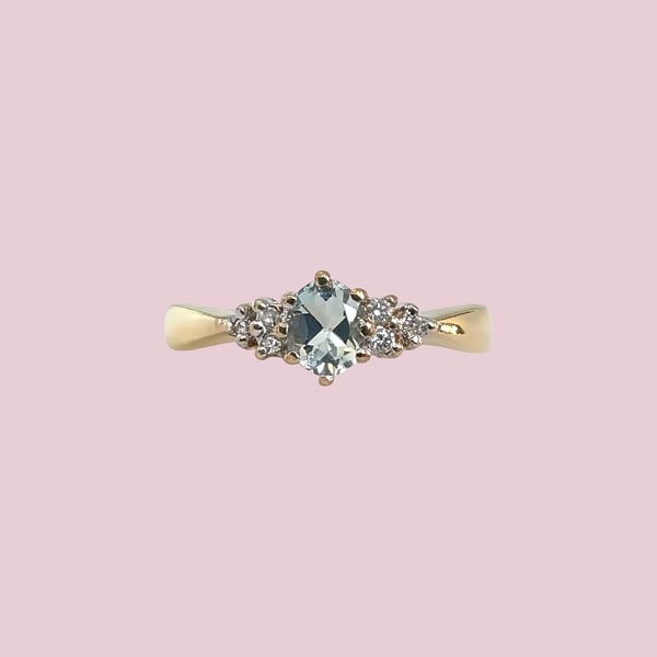 vintage aquamarijn ring met diamant vleugeltjes gouden ring