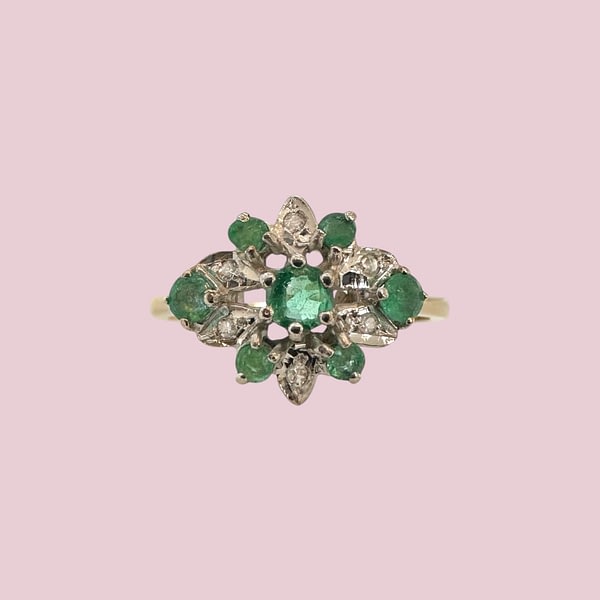 vintage gouden ring met smaragd en diamant bloem cluster