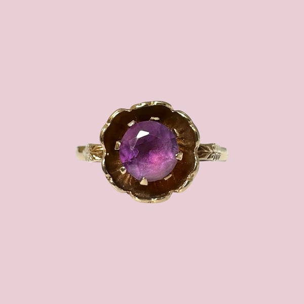 vintage ring met amethist in bloem ring 9 karaat goud