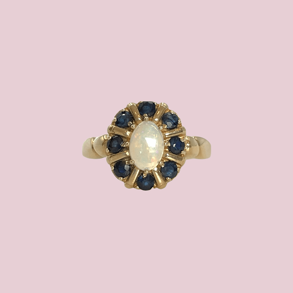 vintage gouden ring saffier entourage met opaal vintage