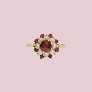 vintage granaat en parel ring cluster goud