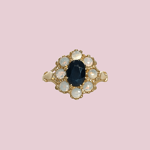 vintage gouden ring met saffier en opaal cluster