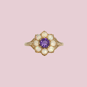 vintage ring met bloem cluster van amethist en opaal