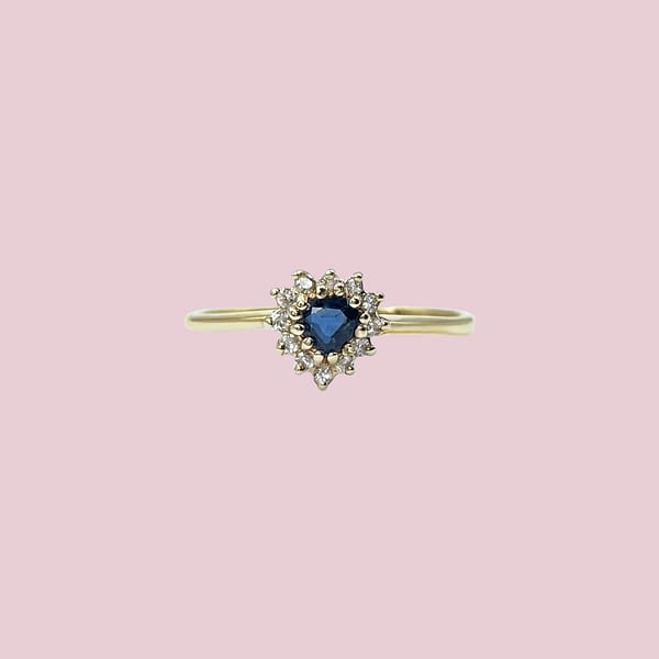 gouden ring met hartje van saffier en diamant cluster vintage